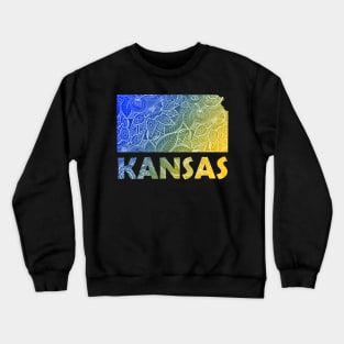 Colorful mandala art map of Kansas with text in blue and yellow Crewneck Sweatshirt